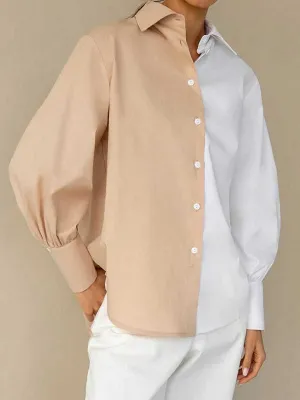 Buttoned Contrast Color Long Sleeves Loose Lapel Blouses&Shirts Tops