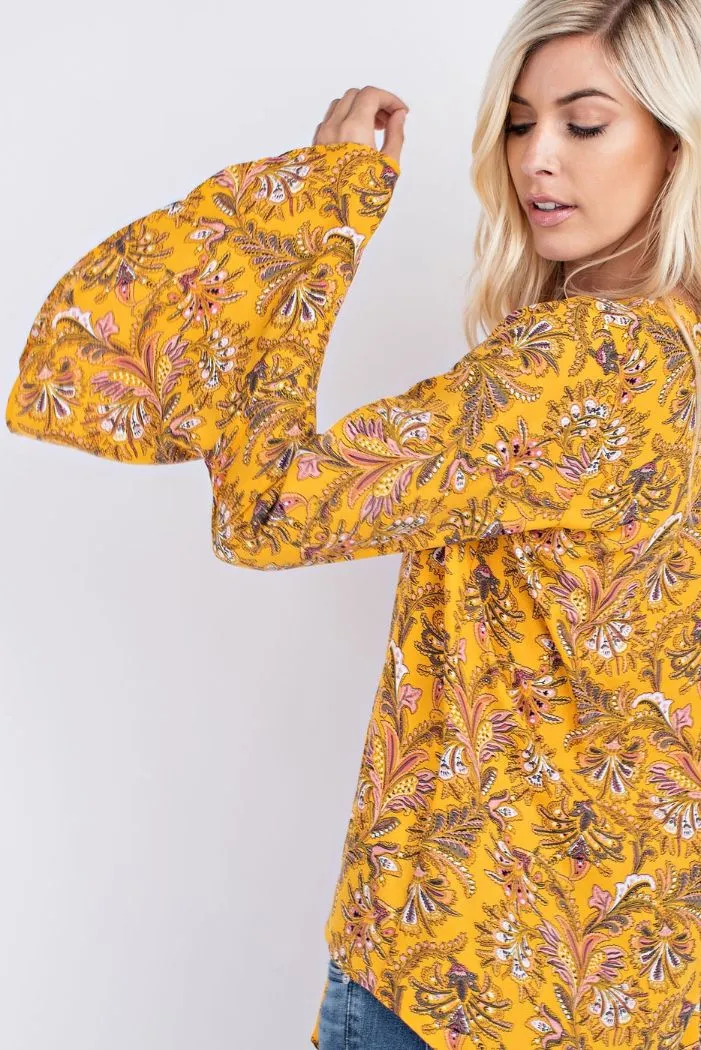 Golden yellow w/floral front tie blouse