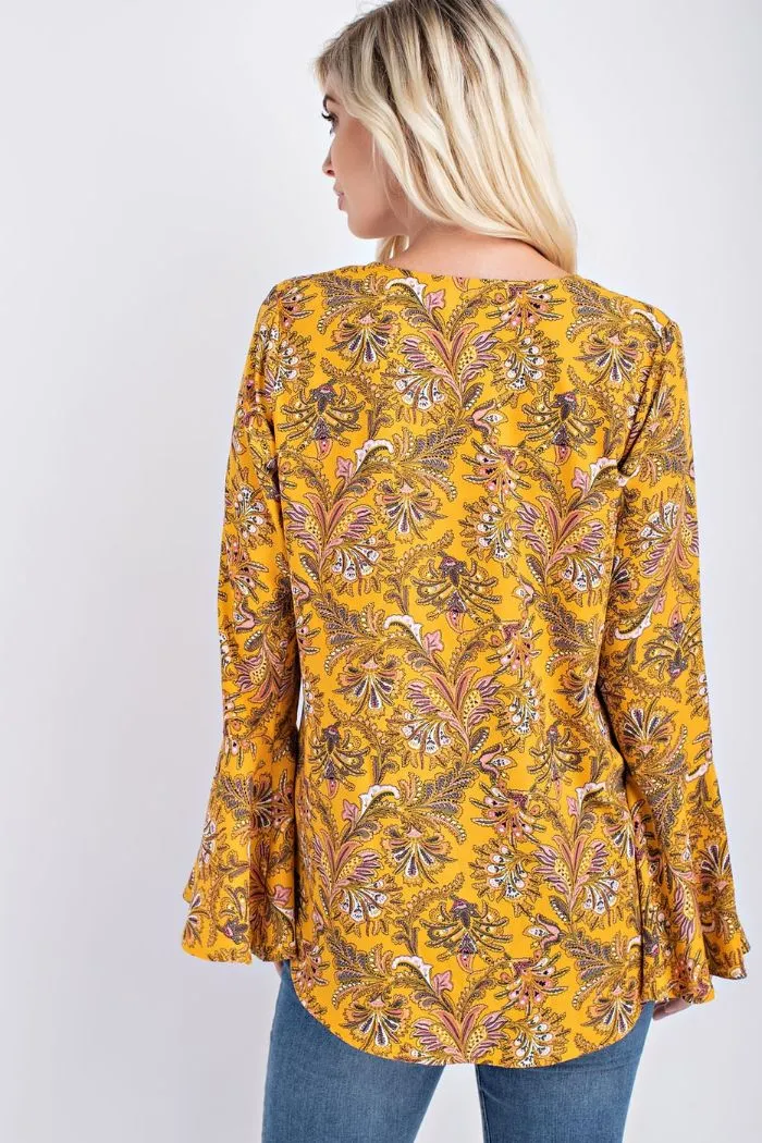 Golden yellow w/floral front tie blouse