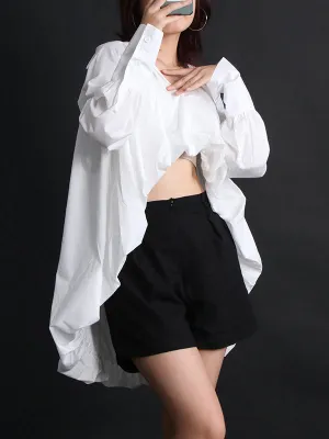 Solid Color High-Low Puff Sleeves V-Neck Blouses&Shirts Tops