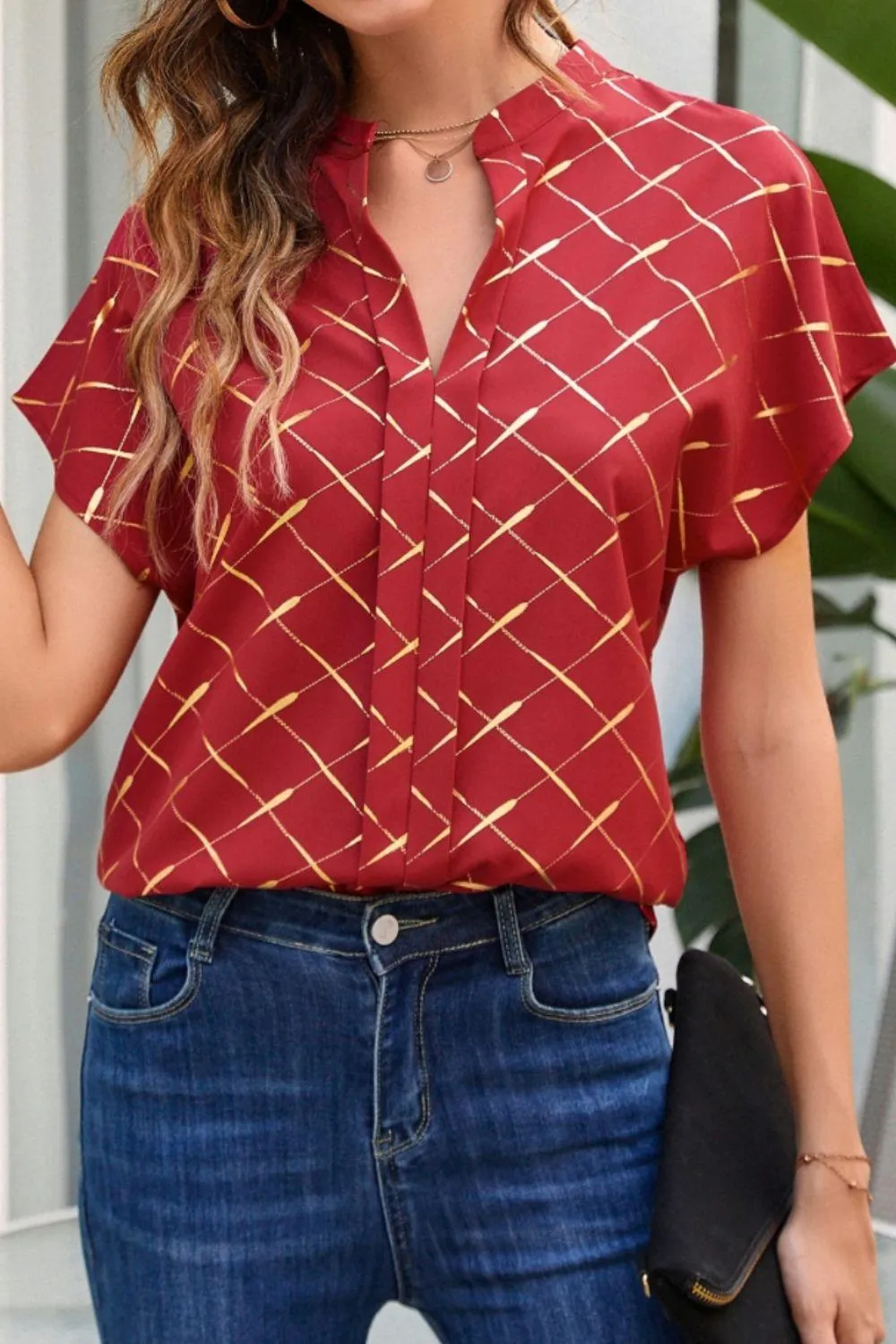 Stylish Everyday Notched Neck Short Sleeve Blouse