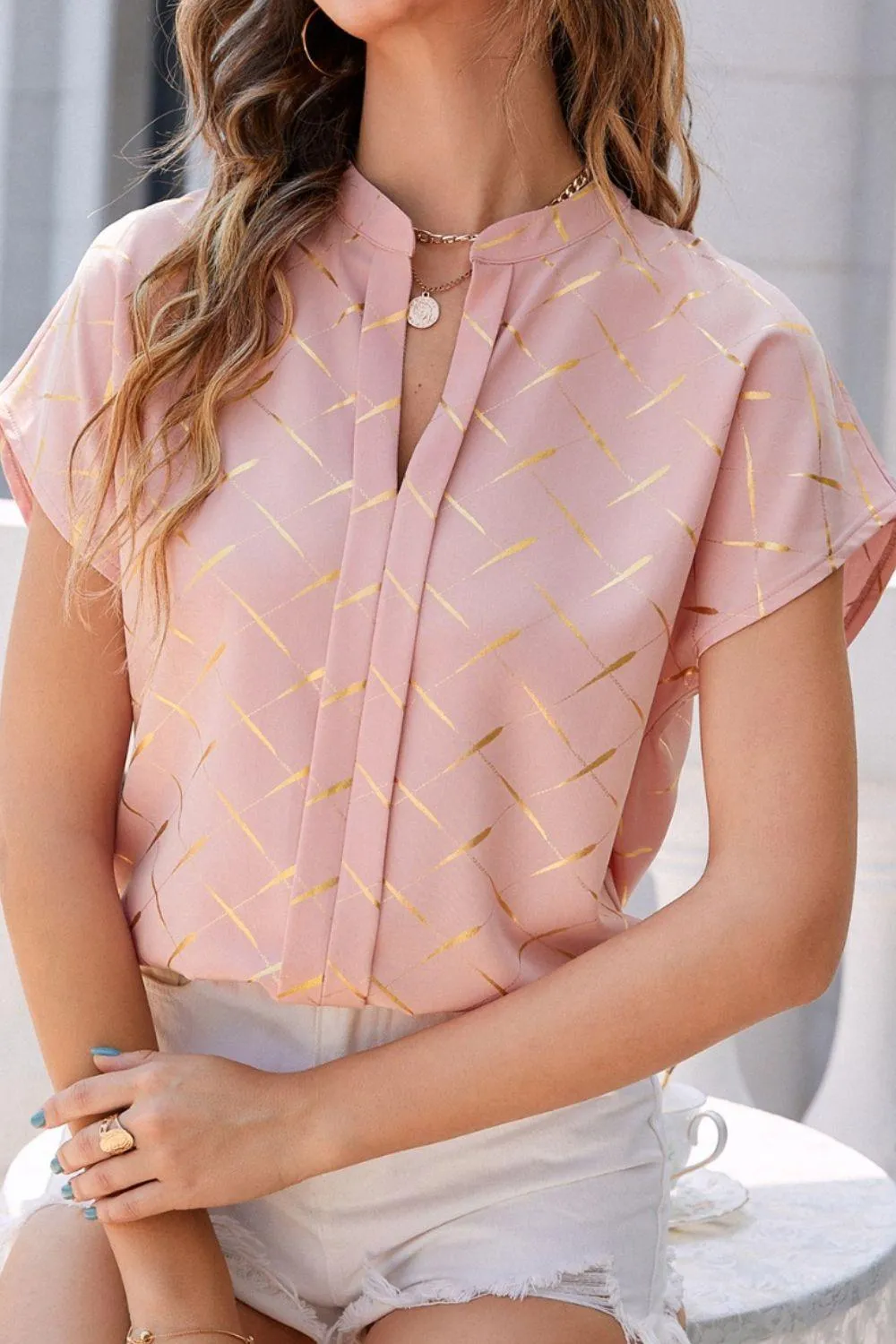 Stylish Everyday Notched Neck Short Sleeve Blouse