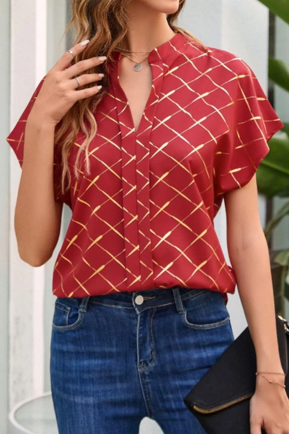 Stylish Everyday Notched Neck Short Sleeve Blouse