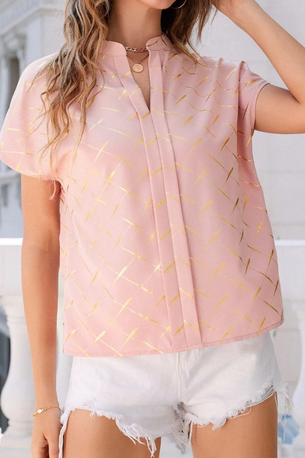 Stylish Everyday Notched Neck Short Sleeve Blouse