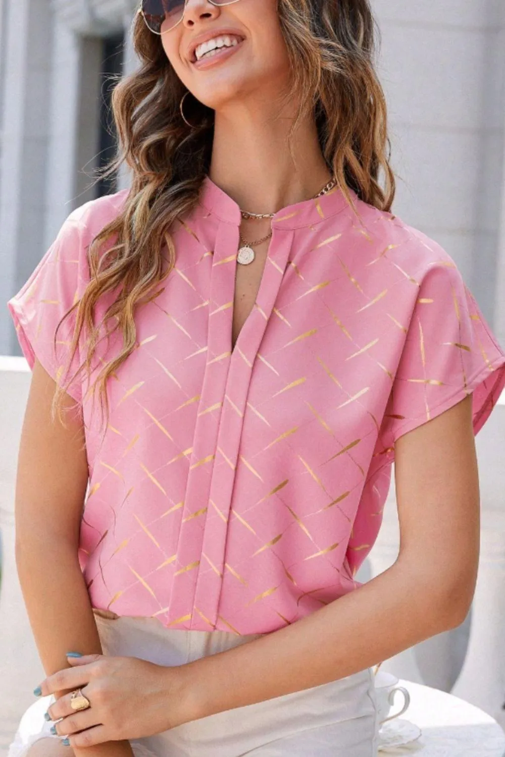 Stylish Everyday Notched Neck Short Sleeve Blouse