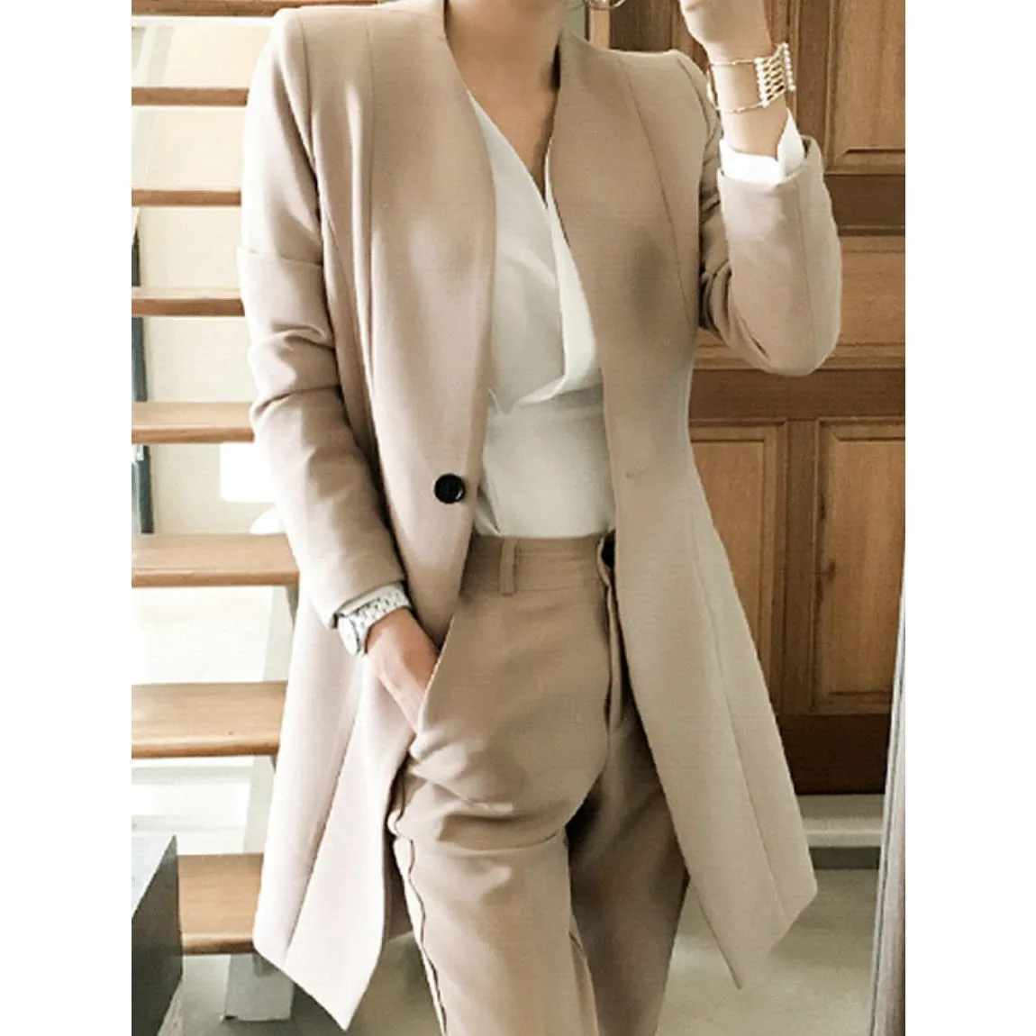 Women's Formal Corporate Fashion 2 (Two) Piece Pants and Jacket Set (Beige)