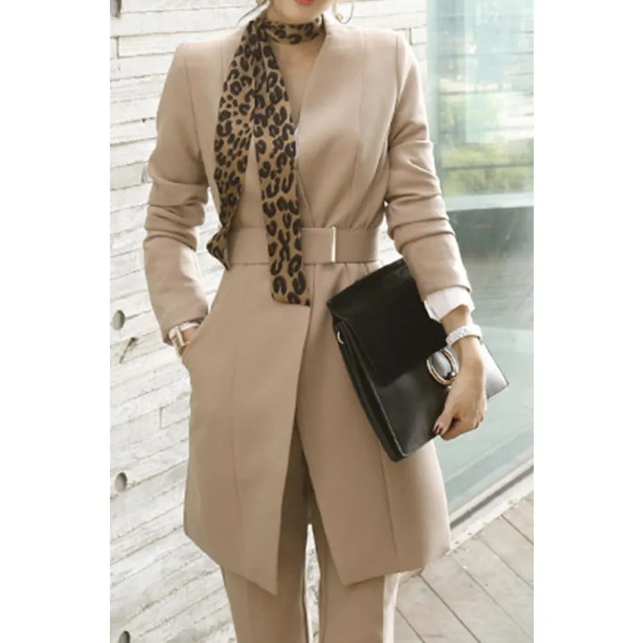 Women's Formal Corporate Fashion 2 (Two) Piece Pants and Jacket Set (Beige)