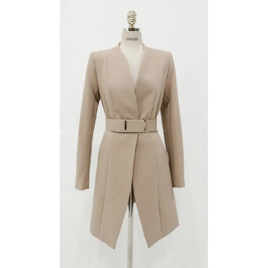 Women's Formal Corporate Fashion 2 (Two) Piece Pants and Jacket Set (Beige)