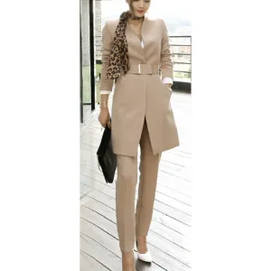 Women's Formal Corporate Fashion 2 (Two) Piece Pants and Jacket Set (Beige)