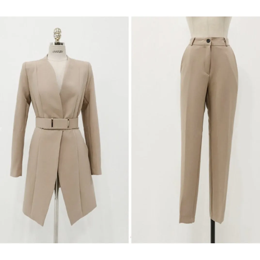 Women's Formal Corporate Fashion 2 (Two) Piece Pants and Jacket Set (Beige)